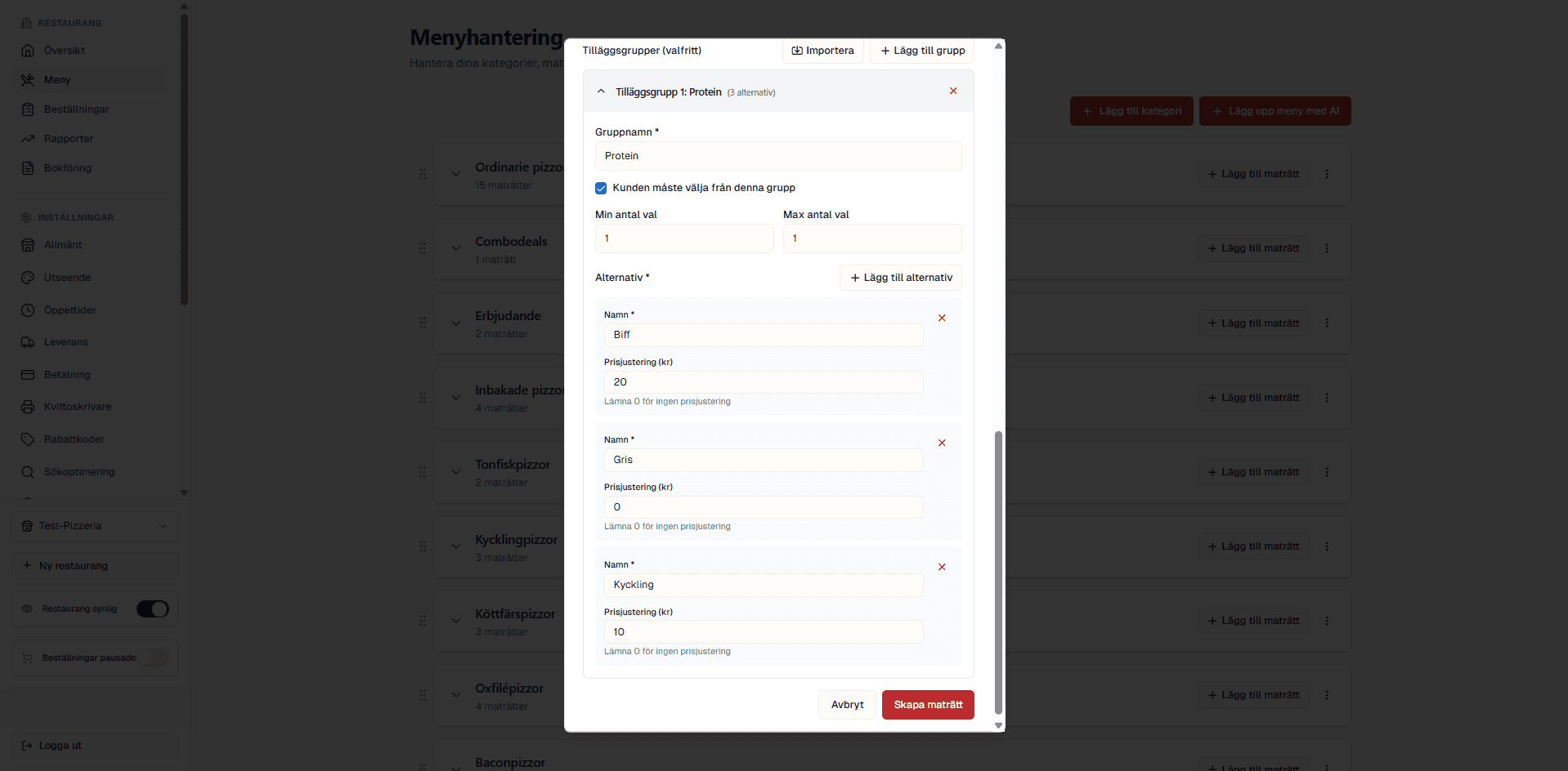 Tillvalsgrupp med alternativ som visar namn och pristillägg