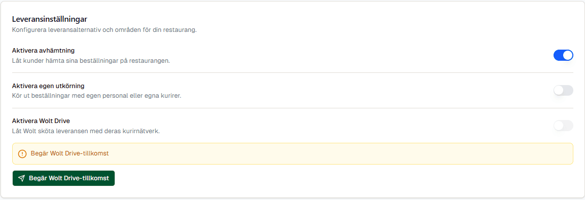 Wolt Drive-aktivering i leveransinställningarna